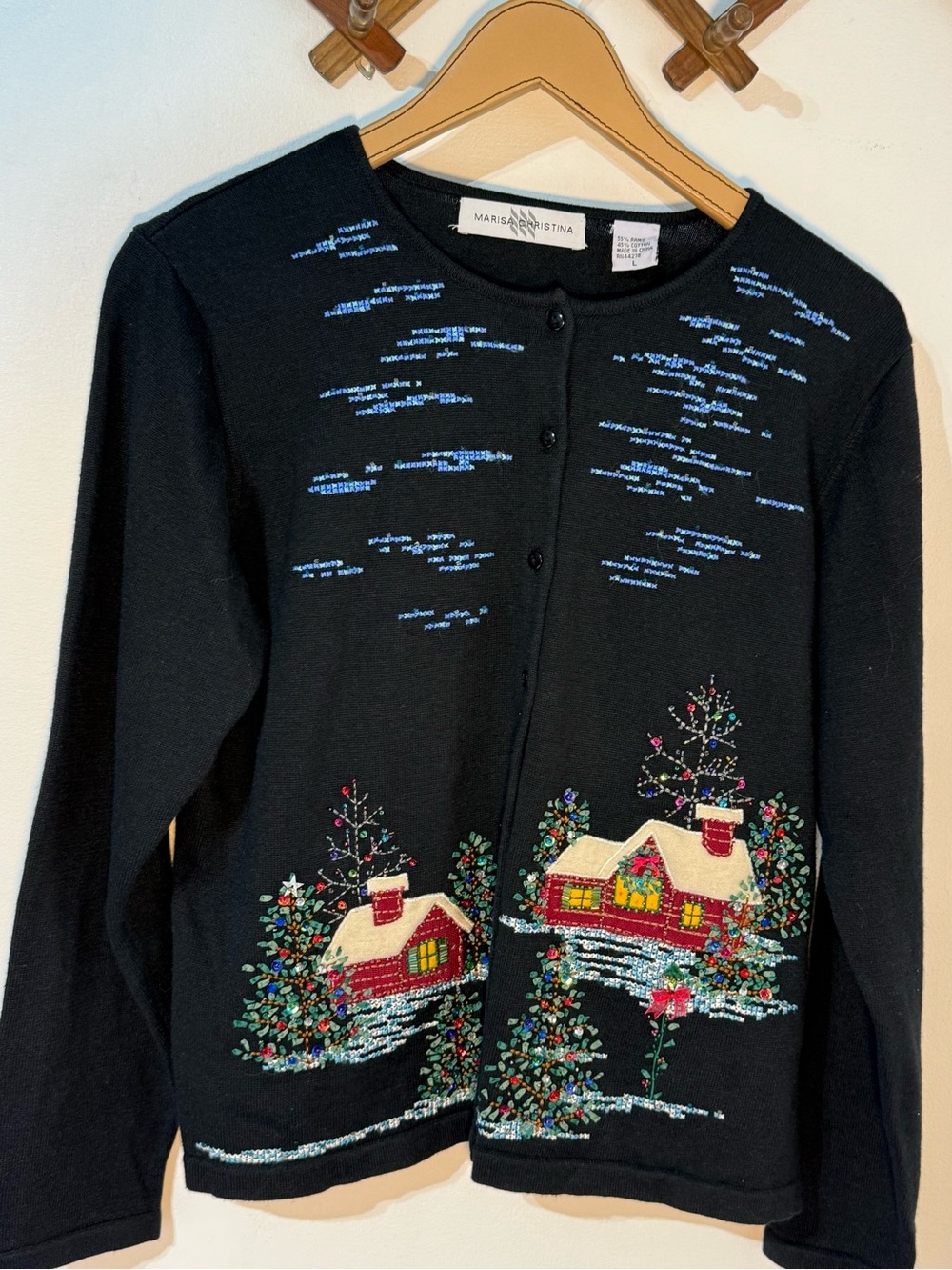 Marisa Christina Black Cardigan with Embroidered beaded Christmas Winter Village